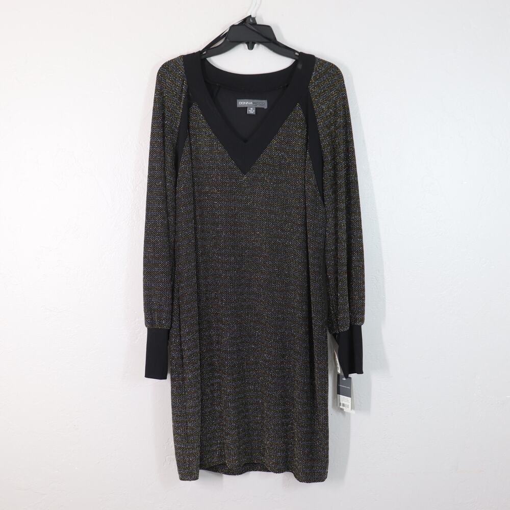 Donna Rico Dress 16 Black Gold Silver Sparkle Vneck Long Sleeve Knee Bodycon NWT